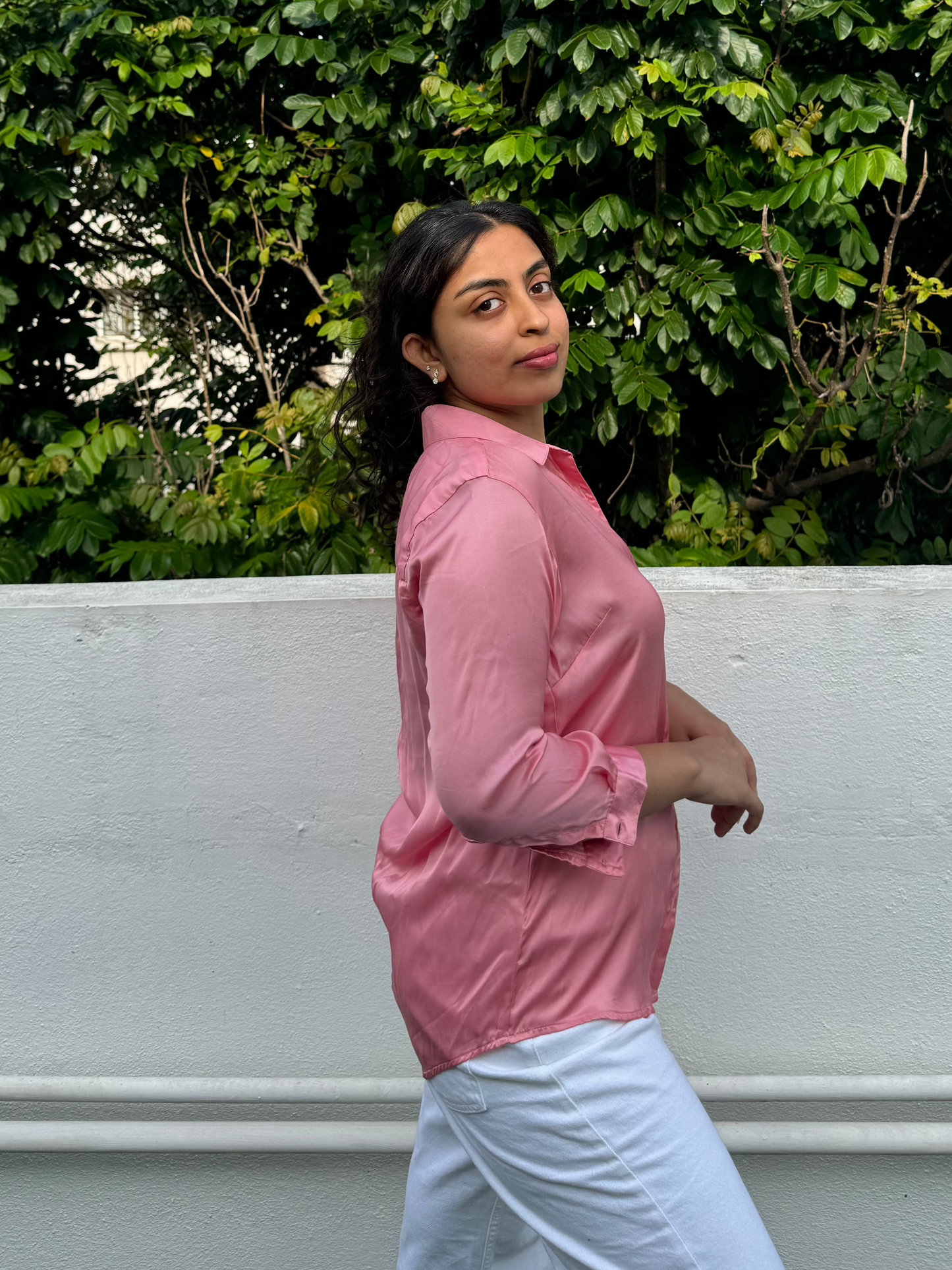 Salmon pink satin shirt