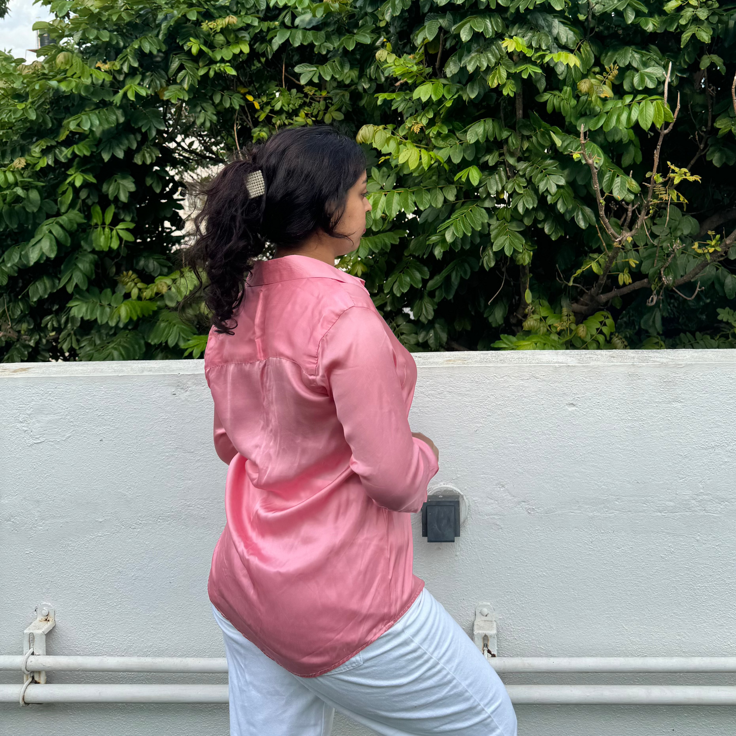 Salmon pink satin shirt