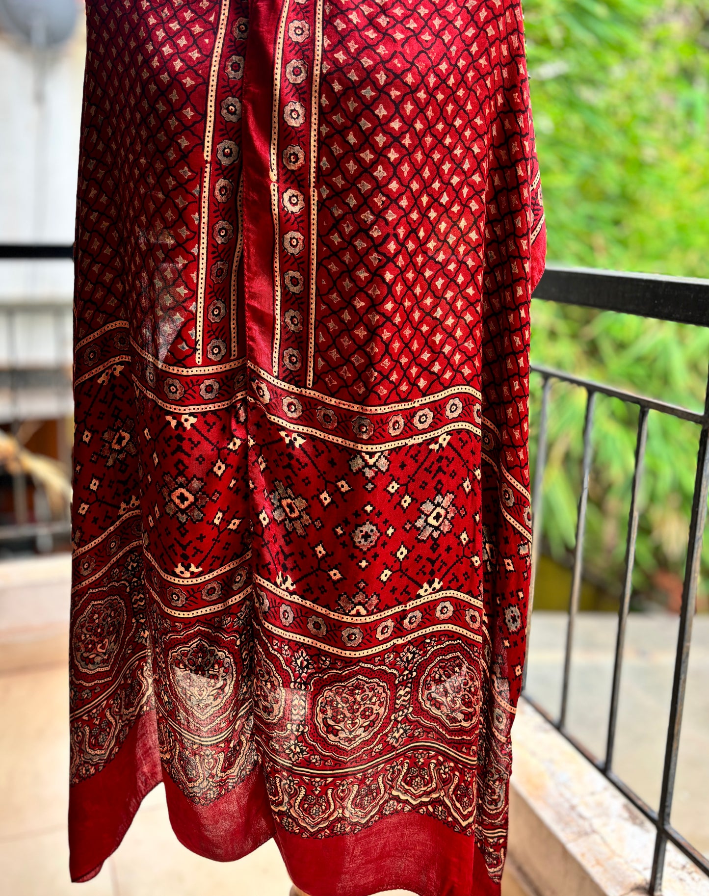 Ajrakh stole in modal silk - red