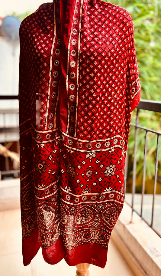 Ajrakh stole in modal silk - red