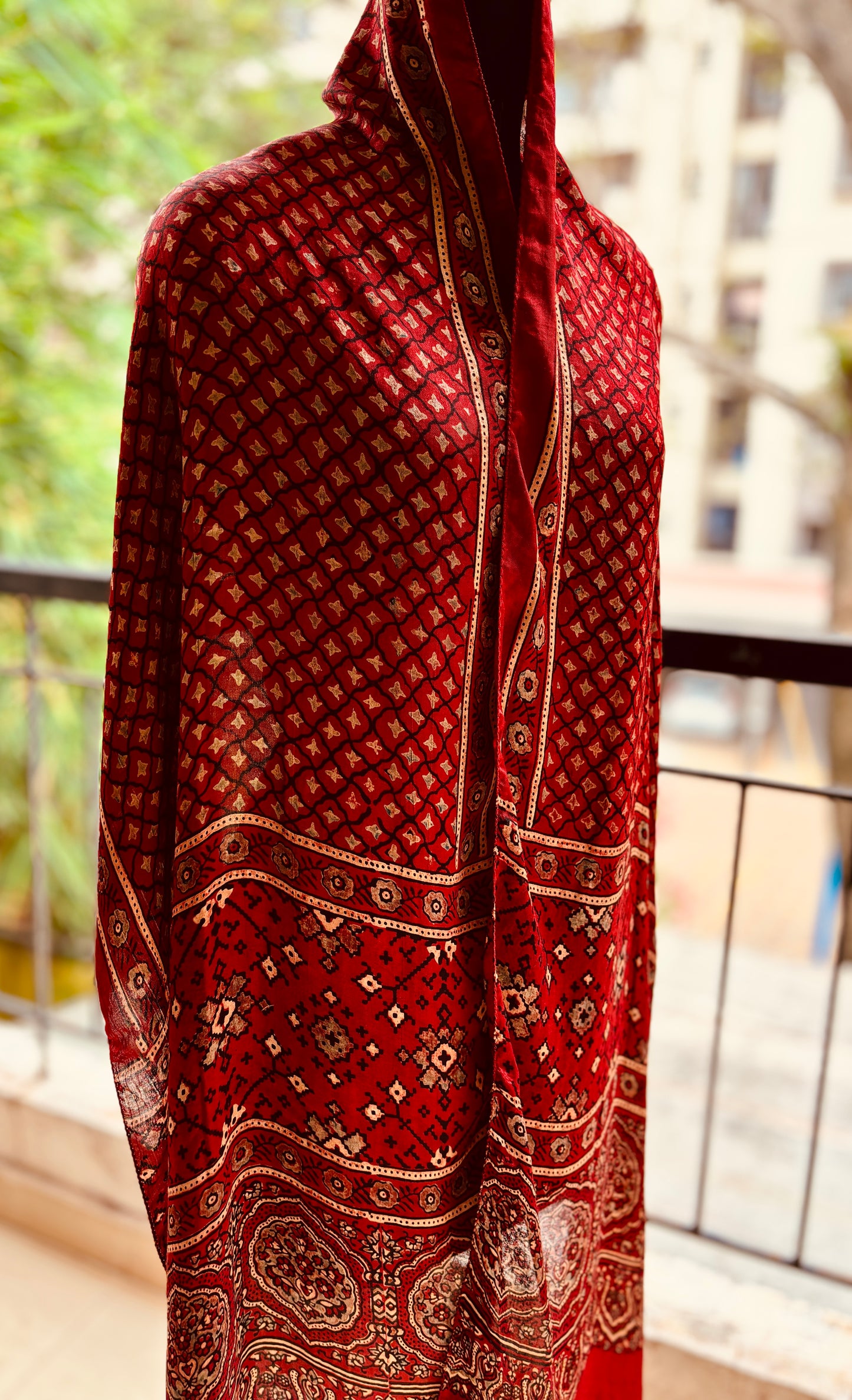 Ajrakh stole in modal silk - red