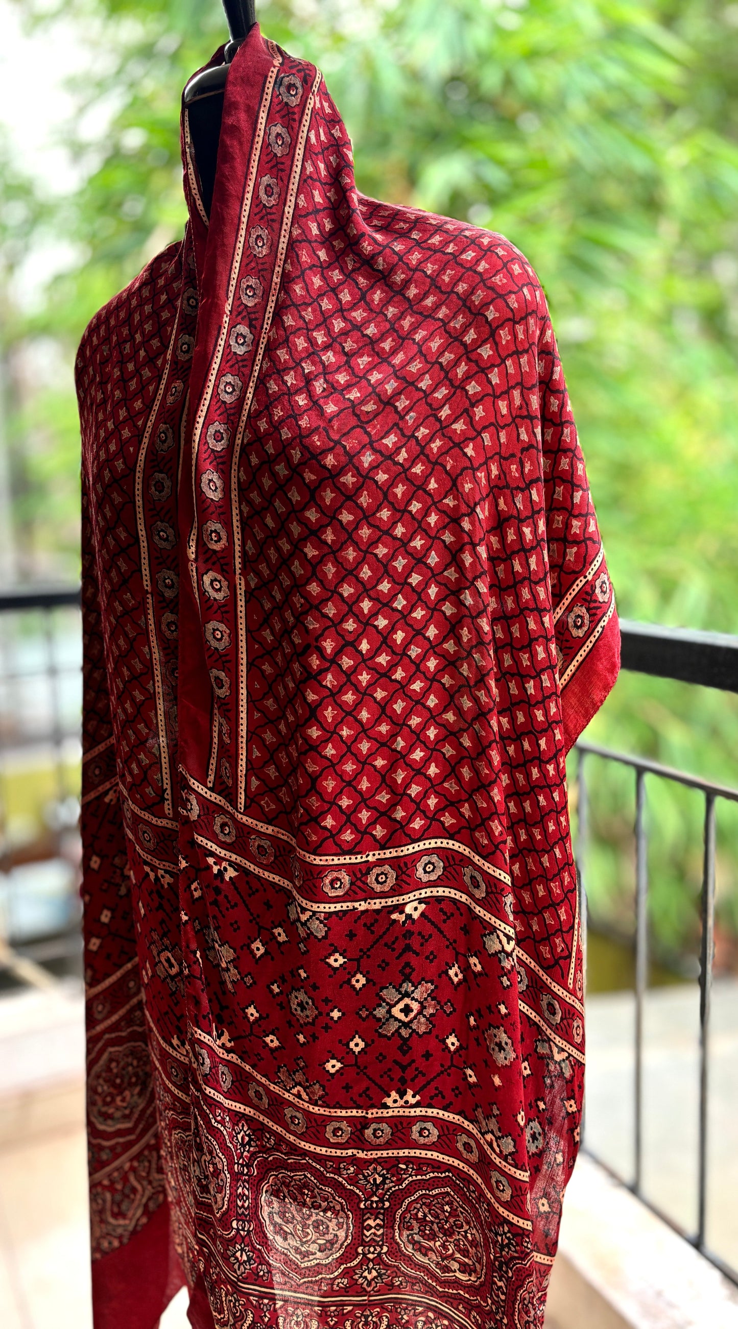 Ajrakh stole in modal silk - red