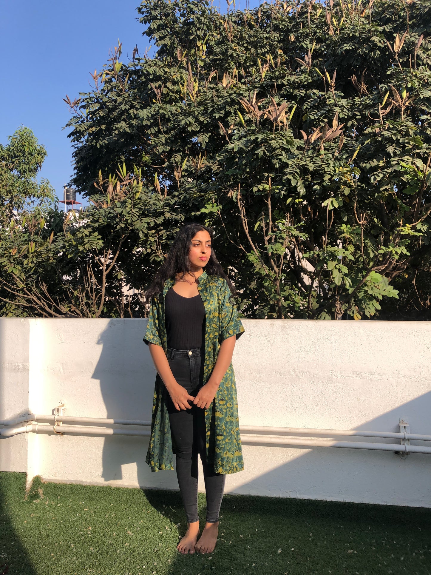 Madhubala shrug - lotus print in green modal silk