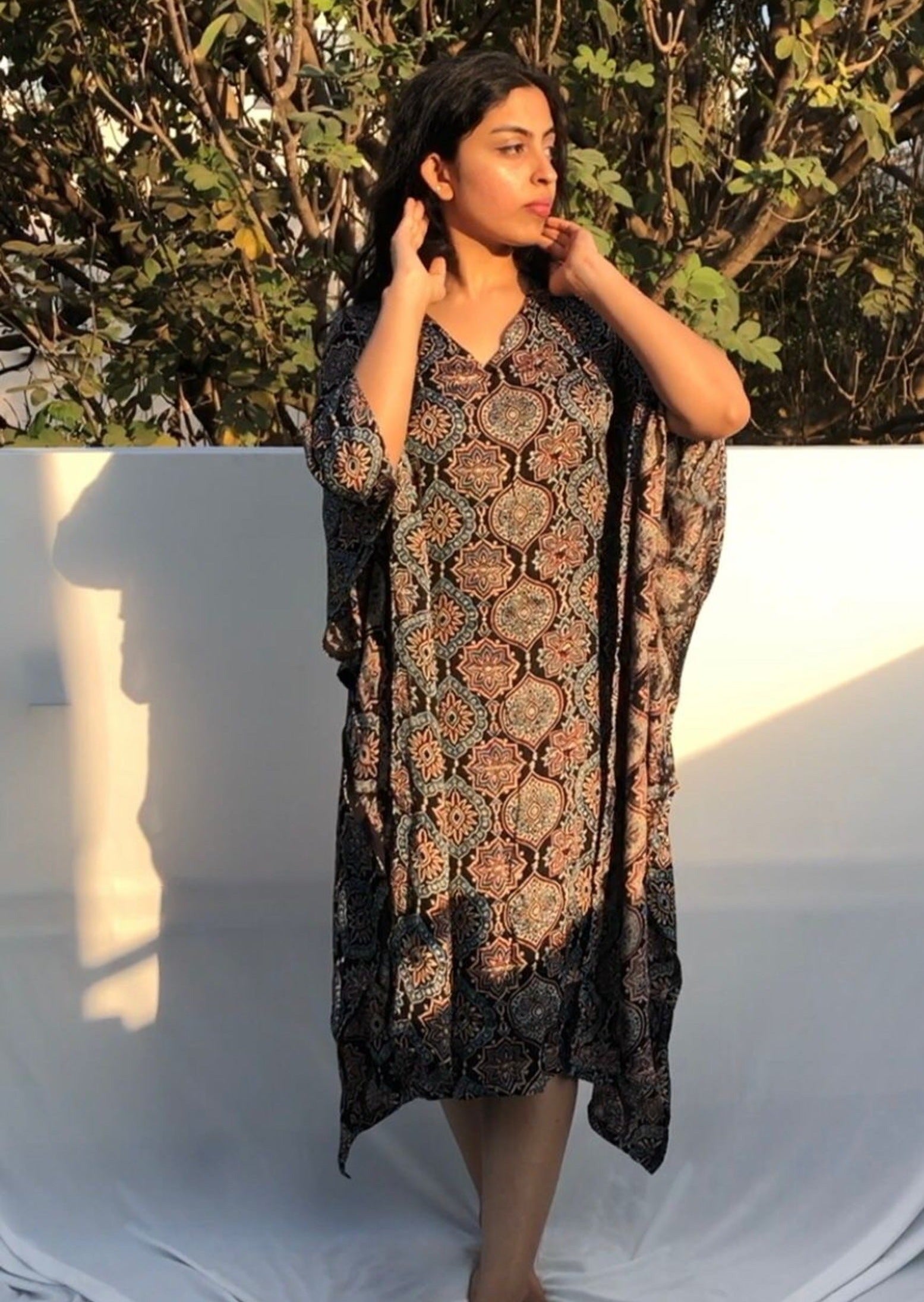 modal silk kaftan dress EE-S45457K Blue Ajrakh Kaftan sakhifashions