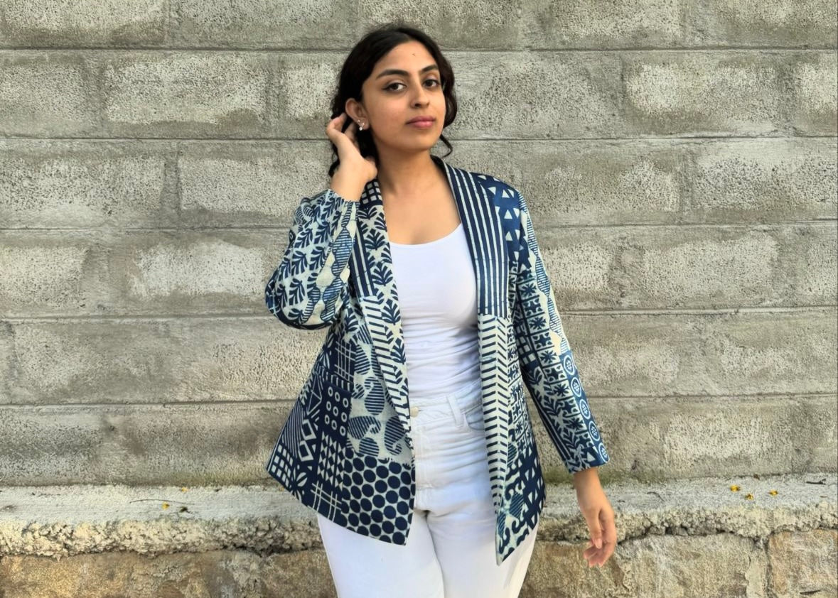 Indigo patchwork print jacket